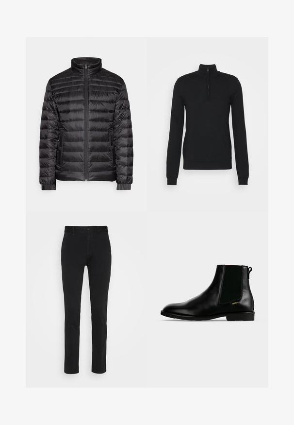 Zwarte pufferjack met een hoge kraag, horizontale quiltstructuur, ritssluiting aan de voorkant en elastische manchetten. Gemaakt van glanzend, glad materiaal.; HUGO SAN - Trui - black; Zwarte katoenen chinos met een slim fit, voorzien van een standaard tailleband, voorzakken en een enkele achterzak. Glad oppervlak en minimale details.; Zwarte leren enkellaars met elastische zijpaneel, lage hak, trek lus aan de achterkant en klein gouden "HUGO" logo aan de buitenkant.