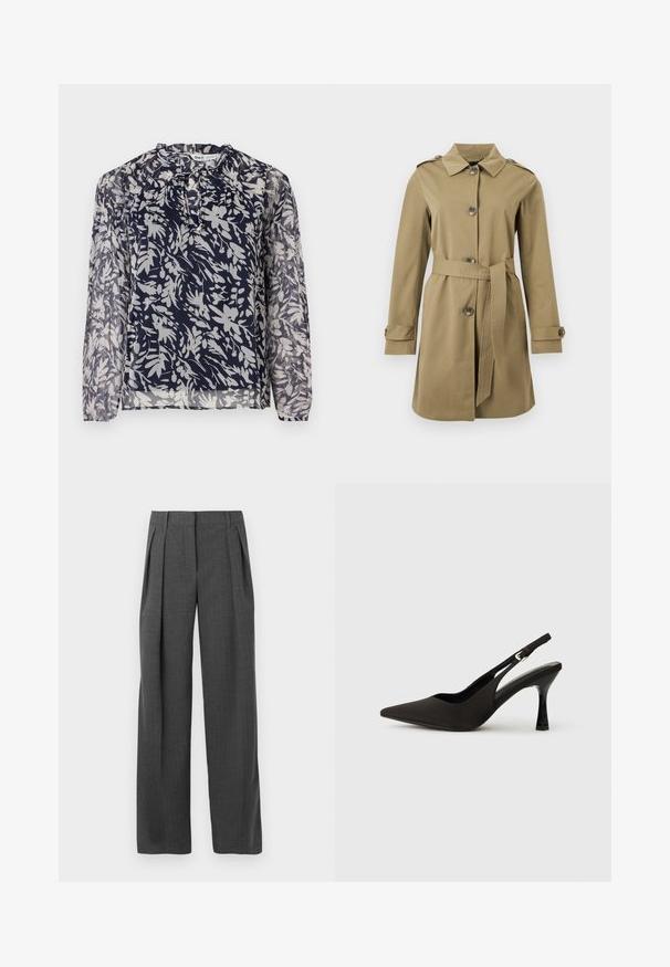 Trench-coat beige longueur genoux avec fermeture à boutons, ceinture à la taille, épaulettes et sangles aux poignets.; Blouse marine à imprimé floral blanc, avec un col plissé et des manches longues, sur un fond blanc uni.; Pantalons gris ajustés avec une coupe large, un devant plissé et un tissu texturé, présentant une finition soignée et sans matériel visible.; Chaussures à talons noires avec une bride, à bout pointu, finition mate lisse et talon fin brillant. Sangle ajustable avec petit détail de boucle.
