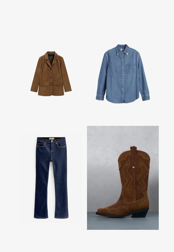 Brun ruskindblazer med tre sorte knapper, to forlommer med klap, lange ærmer og revers med hak.; Lys blå denimskjorte med lange ærmer, spids krave, to brystlommer og kontraststing. Har et western-inspireret yoke-design.; Bootcut blå jeans lavet af denim, med forlommer, synlige syninger og en let flared nederste kant. Ingen slid eller dekorationer.; Brun ruskind cowboystøvle med dekorativ syning og et flagemblem på skaftet, stående på et trægulv udendørs.