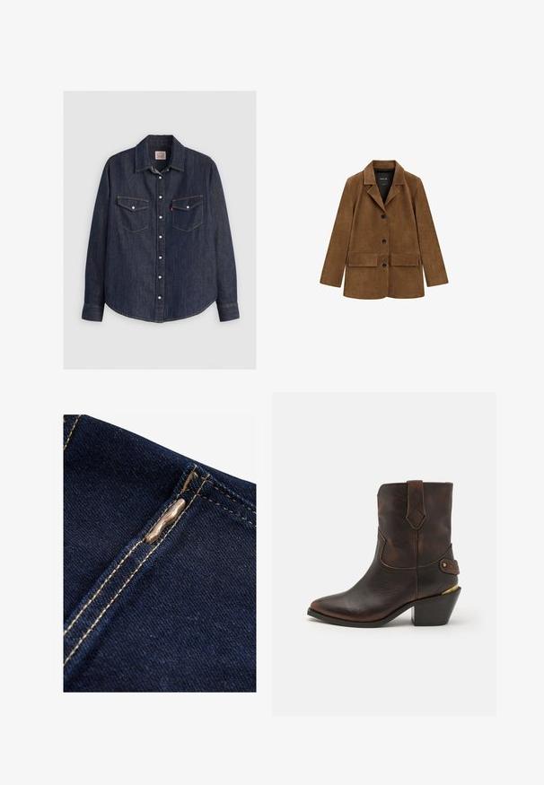 Brun ruskindblazer med tre sorte knapper, to forlommer med klap, lange ærmer og revers med hak.; Mørkeblå denimskjorte med lange ærmer, knaplukning fortil, to brystlommer med klapper og kontrasterende gule sømme.; Next REGULAR FIT - WIDE LEG - Flared jeans - rinse blue; Brune læder cowboystøvle med spids tå og stablet hæl. Har et dekorativt diamantmønster og en rem med hardware-detajle.