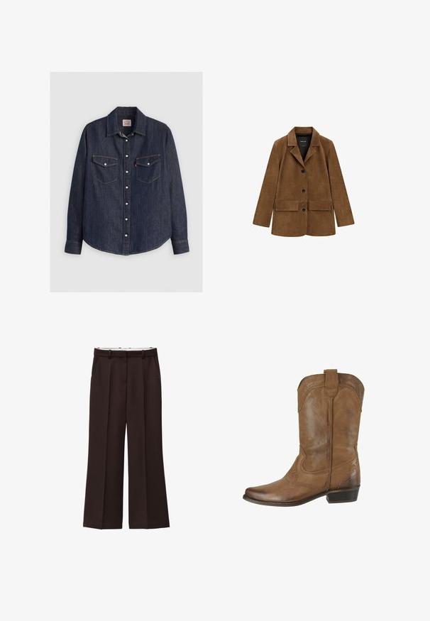 Blazer en daim marron avec trois boutons noirs, deux poches avant à rabat, manches longues et col à revers cranté.; Chemise en denim bleu foncé à manches longues, avec un devant à boutons, deux poches poitrine avec rabats et des coutures jaunes contrastantes.; Pantalons à jambe large en tissu brun foncé, dotés d'une taille haute, de plis doubles et de poches latérales. Texture lisse avec passants de ceinture.; Botte de cowboy en cuir marron mi-mollet avec des coutures décoratives, un bout arrondi, une languette en haut et un petit talon empilé.