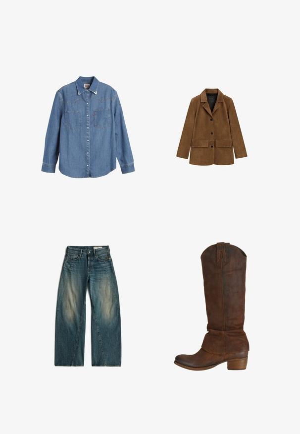 Brauner Wildleder-Blazer mit drei schwarzen Knöpfen, zwei vorderen Klappentaschen, langen Ärmeln und einem Revers mit Kerbe.; Hellblaues Denim-Hemd mit langen Ärmeln, spitzem Kragen, zwei Brusttaschen und kontrastierenden Nähten. Verfügt über ein Design mit Westernstil-Yoke.; Blaue Jeans mit weitem Bein, mit ausgebleichten Bereichen an den Oberschenkeln, Vordertaschen, Gürtelschlaufen und Knopfverschluss an der Taille, flach auf weißem Hintergrund liegend.; Braune Wildleder kniehohe Stiefel mit runder Zehenpartie, lässigem Schaft und blockiertem Absatz. Auffällige Kontrastnähte entlang der Nähte.