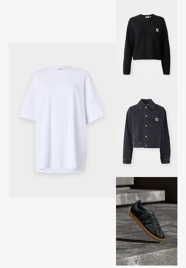 Mørk denimjakke med vertikale striber, cropped design, spidse kraver, frontlukning med knapper og brystlomme med logo-patch.; Sort ribbenstrikket sweater med rund hals, lange ærmer og en frontlomme med et lille logo patch. Forkortet længde.; Kortærmet, oversized hvid t-shirt lavet af bomuld. Rund halsudskæring, sidesprækker ved kanten og glat tekstur uden synlige mønstre eller detaljer.; Sort Adidas Samba-sneaker med struktureret mønster, gummisål og guldlogo, placeret i luften over betontrin.