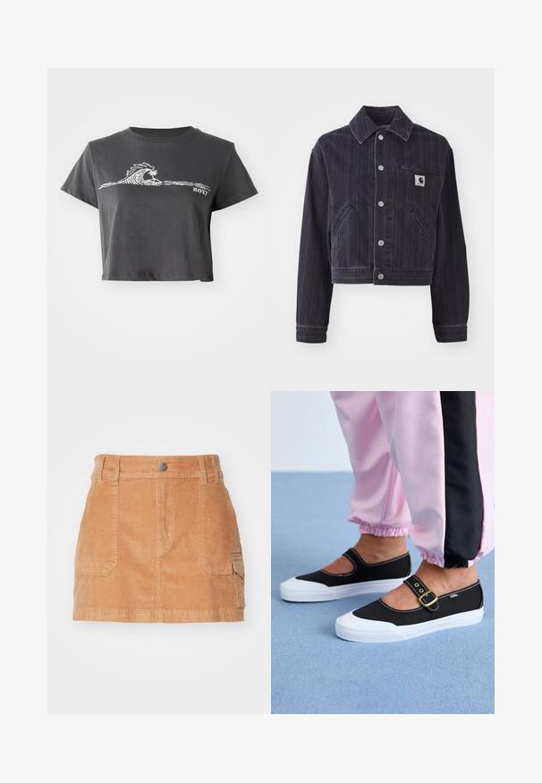 Donker denimjack met verticale strepen, cropped ontwerp, puntkraag, sluiting met knopen aan de voorkant en borstzak met merkembleem.; Donkere grijze cropped T-shirt met een witte gestileerde golf, palmboom grafiek en "ROXY" tekst op de voorkant.; Lichtbruine corduroy minirok met een hoge tailleband, voorzakken en een gladde textuur met verticale ribbels.; Zwarte canvas schoenen met een witte zool, met een uitgesneden ontwerp en een gouden gespband. Draagt met roze joggingsbroek.