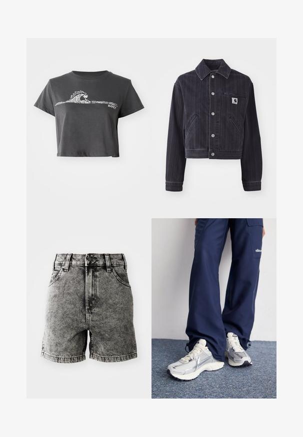 Donker denimjack met verticale strepen, cropped ontwerp, puntkraag, sluiting met knopen aan de voorkant en borstzak met merkembleem.; Donkere grijze cropped T-shirt met een witte gestileerde golf, palmboom grafiek en "ROXY" tekst op de voorkant.; Zwarte denim shorts met een hoge taille, vijf zakken en een versleten textuur met zichtbare stiksels en metalen hardware details.; Nike hardloopschoenen met een zilveren mesh bovenkant, witte accenten en structuurzolen, gecombineerd met luchtige navy broeken.