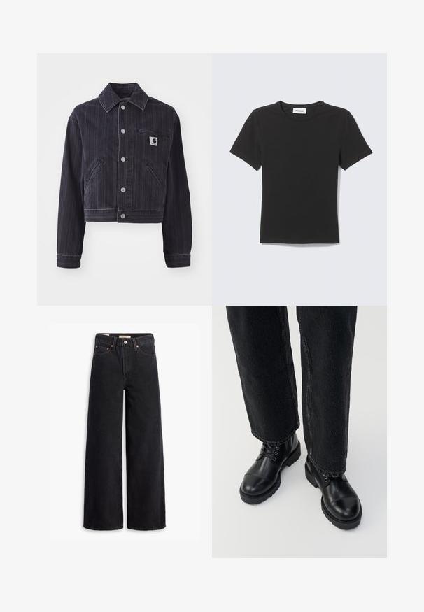 Mørk denimjakke med vertikale striber, cropped design, spidse kraver, frontlukning med knapper og brystlomme med logo-patch.; Sort T-shirt med korte ærmer og rund hals lagt fladt med et lille hvidt mærke inde i kraven mod en lys baggrund.; Sorte brede benjeans lavet af denim, med fem lommer, kobbernitter og en klassisk knaplukning. Glat tekstur med et rent design.; Sorte læder ankelstøvler med runde tåspidser, snørebånd og en rummelig, tyk sål. Sat sammen med mørke jeans, der viser en rå kantdetalje.