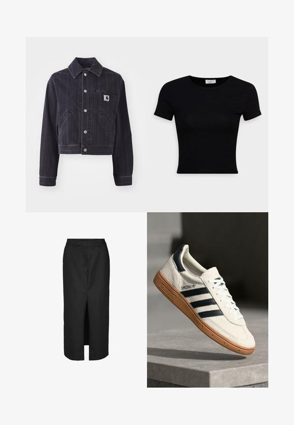 Chaqueta de mezclilla oscura con rayas verticales, diseño corto, cuello puntiagudo, cierre delantero de botones y bolsillo en el pecho con parche de logo.; Camiseta negra de manga corta hecha de una suave tela de algodón, con un escote redondo y un diseño ajustado. Minimalista, sin patrones visibles.; Falda midi negra con una abertura frontal, confeccionada en una tela ligera. Presenta una línea de cintura clásica y sutiles bolsillos laterales.; Zapatilla de ante blanca con franjas en azul marino, suela de goma, parte superior texturizada, puntera redonda y cordones; presenta una marca en el lateral y en la lengüeta.
