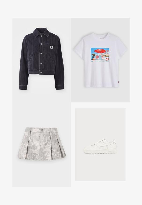 Mørk denimjakke med vertikale striber, cropped design, spidse kraver, frontlukning med knapper og brystlomme med logo-patch.; Hvid Levi's T-shirt med et farverigt print af to liggestole under en rød parasol ved en pool med bygninger i baggrunden.; Grå denimnederdel med plisseringer, med et subtilt bladmønster i lysere nuancer. Klassisk snit med taljebånd og metalknaplukning.; Hvid Nike Air Force 1 sneaker med præget hvirvlende mønstre og en swoosh-logo på siden, sat mod en ensfarvet lys baggrund.