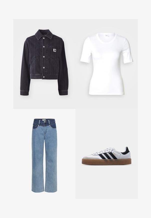 Donker denimjack met verticale strepen, cropped ontwerp, puntkraag, sluiting met knopen aan de voorkant en borstzak met merkembleem.; Wit T-shirt met korte mouwen van glad katoen, met een ronde halslijn en een aangesloten pasvorm. Klassiek ontwerp, zonder patronen of accenten.; Lichtblauwe denim wijde jeans met een hoge taille, vijf-pocket ontwerp en een contrasterende donkerblauwe patch aan de voorkant.; Witte leren sneakers met zwarte strepen, gumrubberen buitenzool, ronde neus, vetersluiting en een zachte grijze suède neuskap.