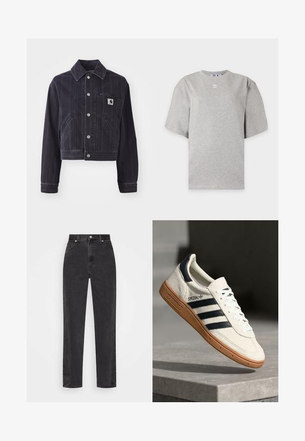 Donker denimjack met verticale strepen, cropped ontwerp, puntkraag, sluiting met knopen aan de voorkant en borstzak met merkembleem.; Lichtgrijs Adidas T-shirt met korte mouwen, ronde hals en klein wit Adidas-logo op de borst, weergegeven op een effen achtergrond.; Zwarte denim jeans met rechte pijpen en hoge taille, met een knoop en rits aan de voorkant en vijf zakken, op een witte achtergrond.; Witte suède sneakers met marineblauwe strepen, rubberen gumzool, gestructureerde bovenkant, ronde neus en veters; heeft branding aan de zijkant en op de tong.