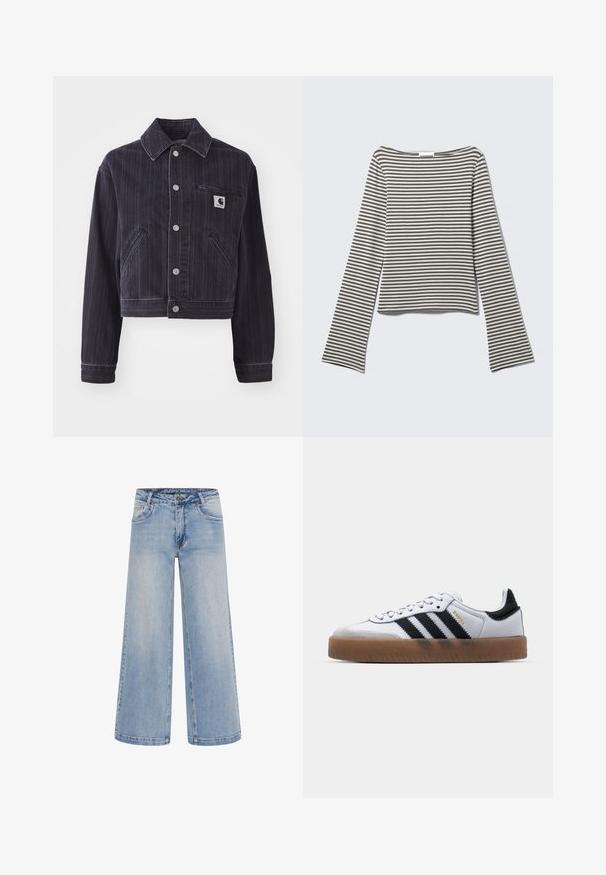Mørk denimjakke med vertikale striber, cropped design, spidse kraver, frontlukning med knapper og brystlomme med logo-patch.; Langærmet, kort top i afdæmpede grå og hvide vandrette striber, lavet af blødt stof med en bred, bådformet halsudskæring og udvidede ærmer.; Lyseblå brede jeans med høj talje, fem lommer og kontrastsyninger. Fremstillet af denim med en glat tekstur.; Hvide lædersneakers med sorte striber, gummirubber sål, rund tå, snørelukning og blød grå ruskinds tåhætte.