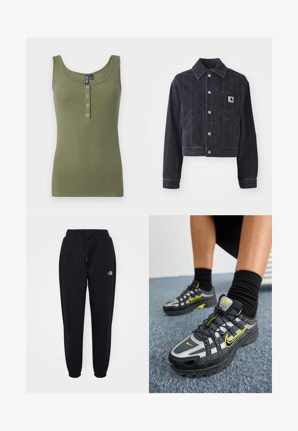 Mørk denimjakke med vertikale striber, cropped design, spidse kraver, frontlukning med knapper og brystlomme med logo-patch.; Olivengrøn ribbet tanktop med en rund halsudskæring og fem knaplukninger foran. Blød tekstur og tætsiddende design.; Sorte joggingbukser med elastisk talje og manchetter, snoretræk, sidelommer og lille hvid The North Face-logo på højre lår.; Sorte og grå atletiske sko med refleksive sølvdetaljer, teksturerede mesh-paneler og lysegule detaljer. Snørebåndsdesign med struktureret sål.
