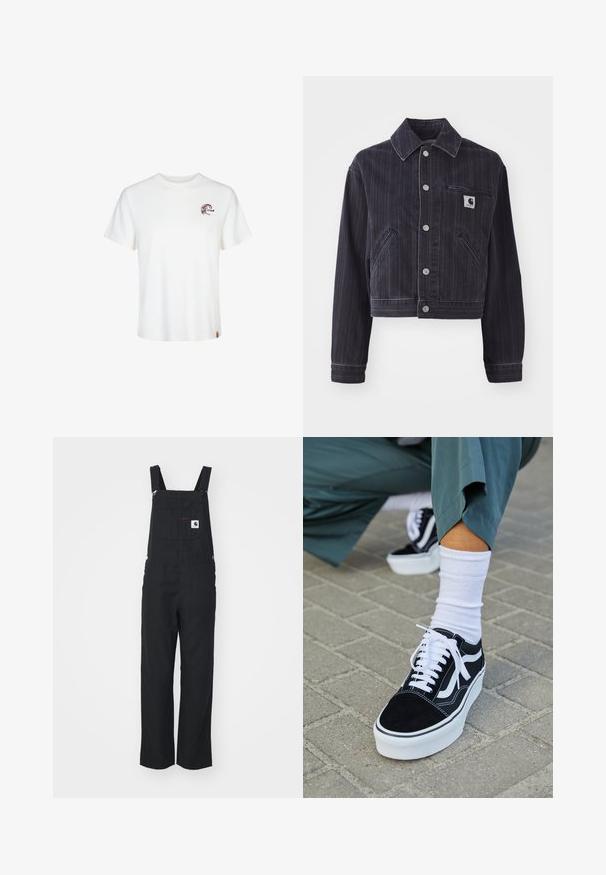 Dunkelblaue Jeansjacke mit vertikalen Streifen, verkürztem Design, Reverskragen, Knopfverschluss vorne und Brusttasche mit Logo-Patch.; Weißes Baumwoll-T-Shirt mit kurzen Ärmeln, rundem Ausschnitt und einem kleinen braunen Grafiklogo auf der linken Brustseite. Weiches Material und normale Passform.; Schwarze Latzhosen aus Stoff mit verstellbaren Trägern, vorderer Brusttasche und seitlichen Knöpfen. Gerade Passform, glatte Textur, minimalistischer Stil.; Schwarze Wildledersneaker mit weißen Akzenten und Schnürsenkeln, ausgestattet mit einer dicken weißen Sohle und kontrastierenden Nähten, kombiniert mit einer weißen Socke.