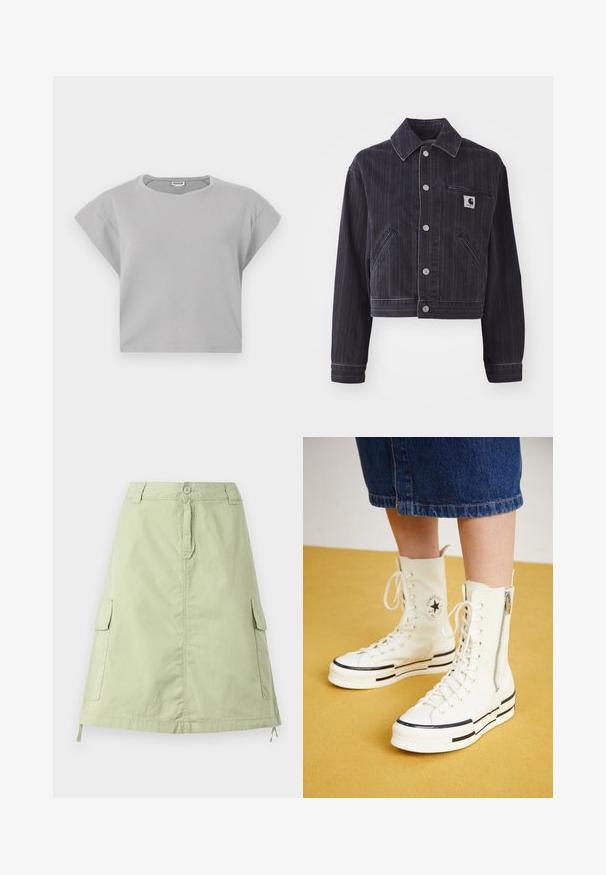 Mørk denimjakke med vertikale striber, cropped design, spidse kraver, frontlukning med knapper og brystlomme med logo-patch.; Lys grå cropped sweatshirt med korte, rullede ærmer, rund halslinje og subtile sømdetaljer. Fremstillet af blødt, åndbart stof.; Lys grøn bomuldsknælang nederdel med to sidelommer, en knaplukning og en afslappet lige pasform. Ensartet tekstur.; Hvide høj-top sneakers med lynlåslukning, snørresystem og sorte striber på en tyk sål. Tekstureret kanvasmateriale.