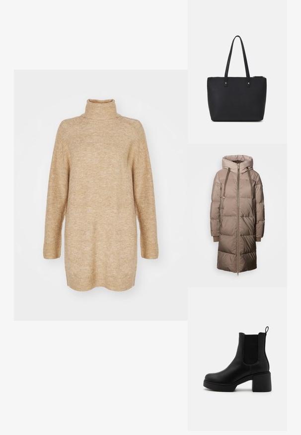 Mos Mosh Untuvatakki - savannah tan; Beige turtleneck neule, ylisuuri istuvuus, ribbikuviointi kauluksessa ja hihoissa, neulottu kangas ja pudotettu olkapäätyyli.; Musta nilkkuri, jossa on sileä nahkapinta, joustavat sivupaneelit ja paksu suorakulmainen korko. Varustettu lenkkivetimellä helppoa pukemista varten.; Mustan värinen kangaskassi, joka on valmistettu teksturoidusta synteettisestä materiaalista. Kassi sisältää kaksi pitkää kantohihnaa ja vetoketjukiinnityksen, sekä hopeanvärisiä metalliosia.