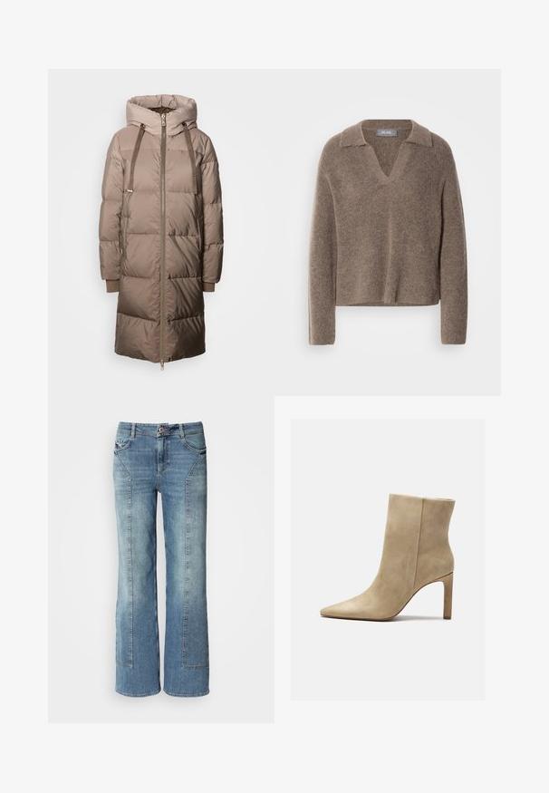 Mos Mosh Donsjas - savannah tan; Bruine gezellige trui met een V-hals en kraag, met lange mouwen en een zachte, gestructureerde breiwijze. Casual en ontspannen fit.; Lichtblauwe denim wijde broek met een vervaagde wassing, met vijf zakken, contrasterende stiksels en een knoopsluiting bij de tailleband.; Zign by Zalando Enkellaarsjes met hoge hak - beige