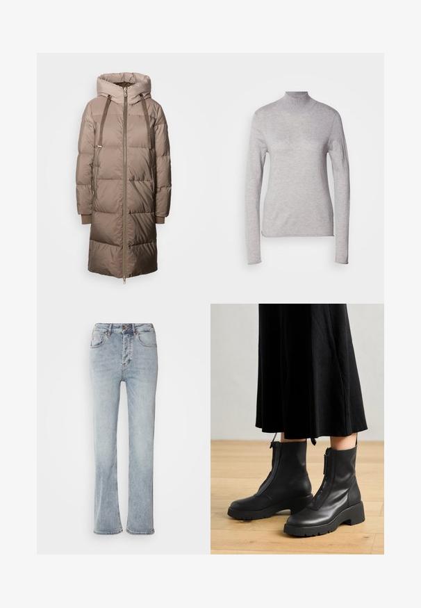 Mos Mosh Dunfrakker - savannah tan; Lys grå turtleneck top med lange ærmer, lavet af et blødt strikmateriale. Har et tætsiddende design og ribbet hals. Glat tekstur.; Lysblå denimjeans med høj talje, lige ben-design og en let udskæring ved kanten. Har syninger som accent og en lynlås foran.; Sorte læder ankelstøvler med en kraftig platformsål og en frontlynlås. Glat tekstur med et minimalistisk design.