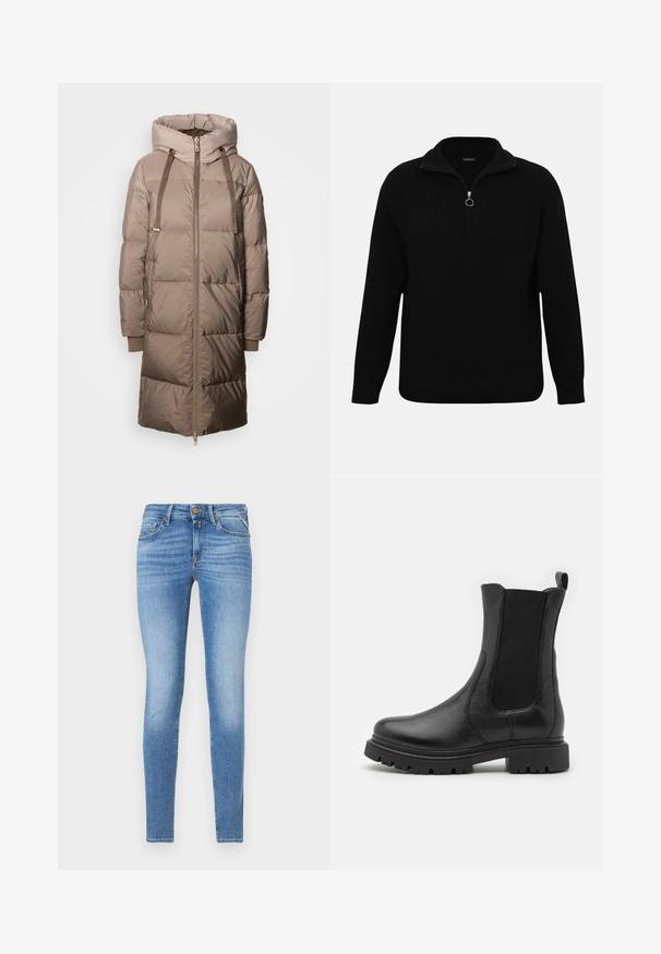 Mos Mosh Donsjas - savannah tan; Zwarte trui met ritssluiting in een geribbelde textuur, voorzien van een hoge kraag en zilveren ritssluiting, met lange mouwen en een ontspannen pasvorm.; Slim-fit lichtblauwe spijkerbroeken met een middelhoge taille, vooraan met knoopsluiting en een vijf-pocket ontwerp.; Zwarte leren enkellaarsjes met elastische zijkanten, een ronde neus en een robuuste zool met uitgesproken profielgroeven.