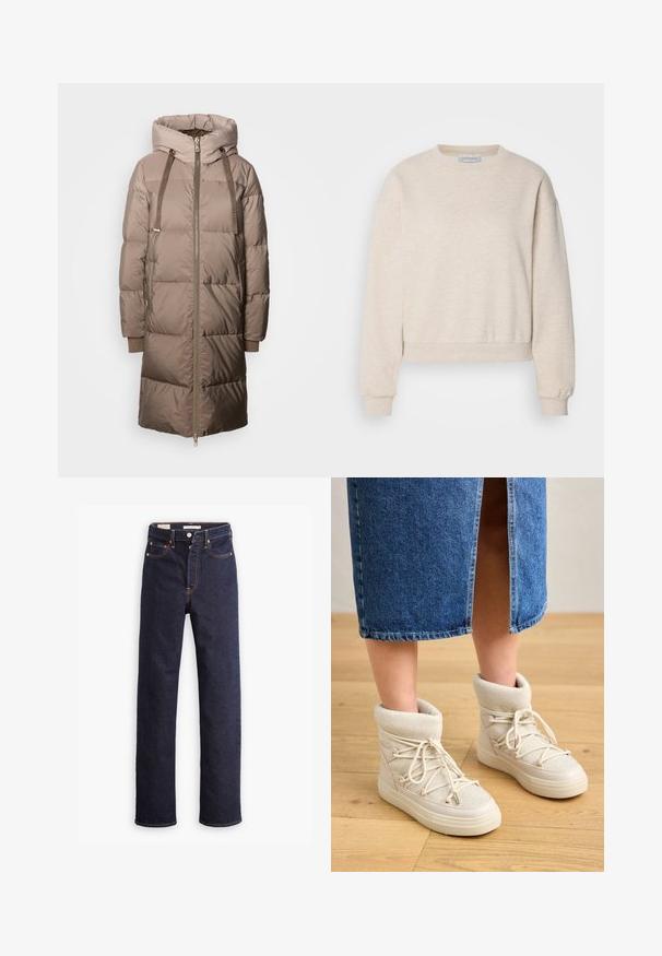 Mos Mosh Dunfrakker - savannah tan; Lys beige sweatshirt lavet af blødt stof, med rund hals, nedfaldne skuldersømme og ribbede manchetter og kant.; Mørkeblå straight-leg denim jeans med fem lommer og synlig orange syning på hvid baggrund.; Beige ankelstøvler med en blød, strikket kant og hvide snørebånd. Sålen er tyk og struktureret, parret med en blå denimnederdel.