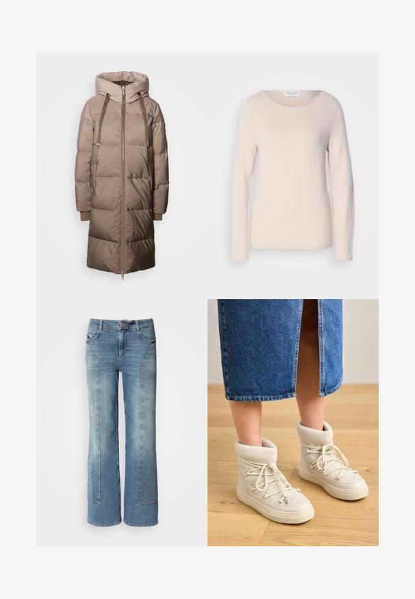 Mos Mosh Dunfrakker - savannah tan; Lys pink langærmet top i blødt, let stof med en rund halsudskæring og en subtil tekstur over hele overfladen.; Lys blå denim wide-leg jeans med en falmet vask, der har fem lommer, kontraststikninger og en knaplukning ved taljen.; Beige ankelstøvler med en blød, strikket kant og hvide snørebånd. Sålen er tyk og struktureret, parret med en blå denimnederdel.