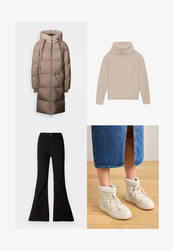 Mos Mosh Dunfrakker - savannah tan; Beige kabelstrikket turtleneck sweater med diamant- og fletmønstre, lange ærmer og ribbede manchetter og kant.; Sorte flared jeans lavet af denim, med høj talje, forlommer og en stor åbning ved kanten for en vid benlængde.; Beige ankelstøvler med en blød, strikket kant og hvide snørebånd. Sålen er tyk og struktureret, parret med en blå denimnederdel.