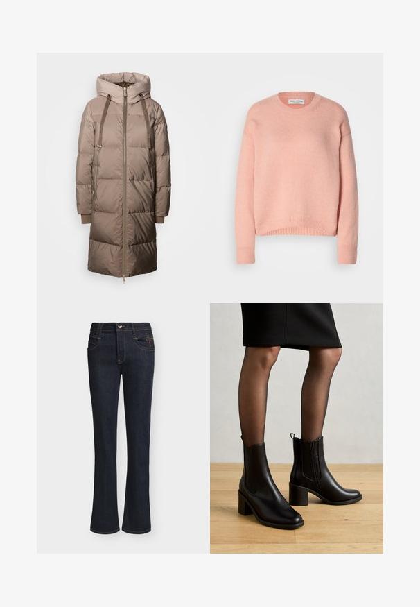 Mos Mosh Dunfrakker - savannah tan; Lys pink, strikket sweater med rund hals, sænket skuldre og ribbede manchetter og kant. Blød tekstur, afslappet design.; Mørkeblå denimjeans med lette vide ben, frontknap og lynlåslukning, forlommer og synlige syningsdetaljer.; Anna Field Støvletter - black
