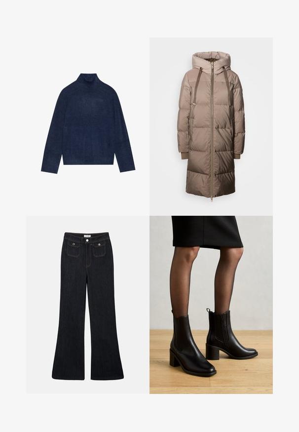 Mos Mosh Dunfrakker - savannah tan; Mørkeblå rullekrave sweater med ribbet detaljering på kraven og ærmerne, lavet af et blødt, struktureret strikket stof med en afslappet silhuet.; Sorte denim jeans med høj talje, flared ben, to frontlommer og orange syninger. Materialet ser solidt og glat ud.; Anna Field Støvletter - black