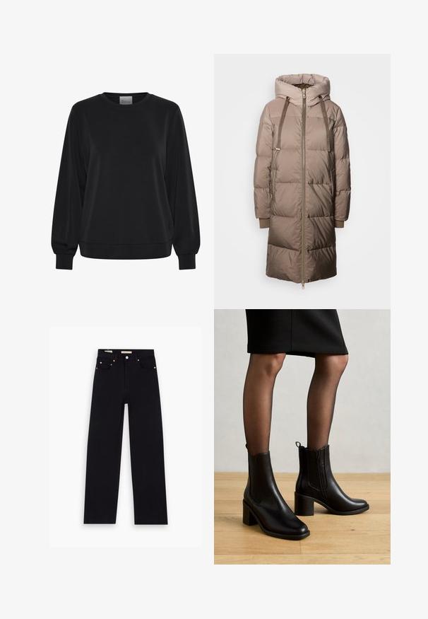 Mos Mosh Daunenmantel - savannah tan; Schwarzer Pullover mit langen Ärmeln, Rundhalsausschnitt und gerippten Bündchen. Hat eine glatte Textur und ein dezentes Logodetail auf der Vorderseite.; Schwarze Denim-Jeans mit geradem Schnitt, fünf Taschen, Kupferbeschlägen und einer glatten Textur. Zwei Etiketten sind am Bund sichtbar.; Anna Field by Zalando Stiefelette - black