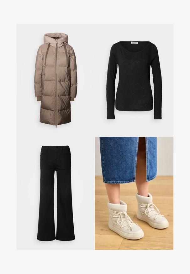 Mos Mosh Dunfrakker - savannah tan; Sort langærmet top lavet af et let, tekstureret stof. Har en scoop-halsudskæring og en tætsiddende silhuet med minimal detaljering.; Sorte brede bukser lavet af denimstof, med frontlommer, knaplukning og en glat tekstur med en ren finish.; Beige ankelstøvler med en blød, strikket kant og hvide snørebånd. Sålen er tyk og struktureret, parret med en blå denimnederdel.