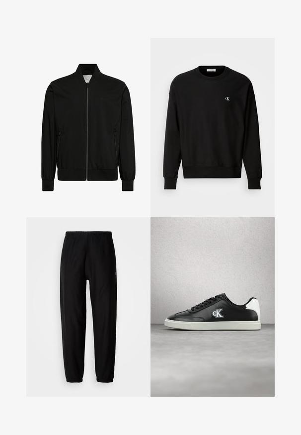 Calvin Klein REGULAR FIT - Bomber-jakk - black; Must värvitud puuvilla segust valmistatud sweatshirt, millel on ümar kaelus, langevad õlad ja rindkere piirkonnas väike valge 'CK' logo.; Mustad mustad, millel on elastne vöökoht, kitsenevad sääred ja mansetid. Sile kangastekstuuri. Logo detail küljes.; Mustast nahast madala säärega toss, millel on valge tald ja kannaosa, mustad paelad ning CK logo küljel, kujutatud halli põranda ja klaasplokkide taustal.