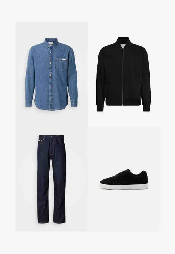Schwarze Bomberjacke mit Frontreißverschluss, geripptem Kragen, Bündchen und Saum sowie seitlichen Reißverschlusstaschen.; Jeanshemd in Mittelblau mit Button-Down-Kragen, langen Ärmeln, Brusttasche und weißen Knöpfen. Verfügt über einen leicht gebogenen Saum.; Dunkelblaue Denim-Jeans mit geradem Bein, ausgestattet mit einem Knopfverschluss, fünf Taschen und kontrastierenden Nähten.; Schwarzer Sneaker mit niedrigem Schaft und Schnürung vorne, dezentes "ck" Logo an der Seite und dicker weißer Gummisohle auf schlichtem hellem Hintergrund.