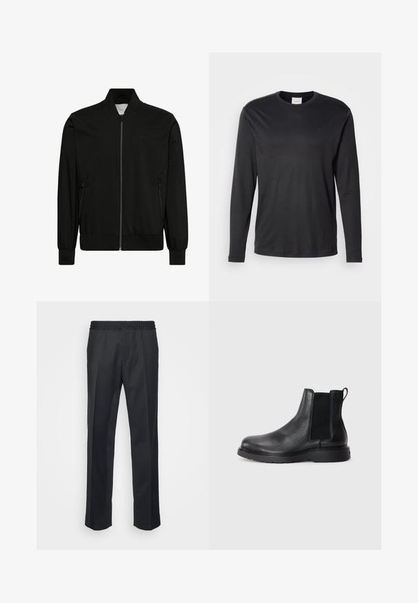 Sort bomberjakke med frontlynlås, ribbet krave, manchetter og kant samt lynlåslommer i siderne.; Sort langærmet crew neck t-shirt fra Calvin Klein med lille CK-logo på venstre bryst, præsenteret på en neutral hvid baggrund.; Sorte bukser med en afslappet pasform, der har en elastisk talje, lige ben og en blød, glat stoftekstur.; Sorte læder chelsea støvler med tekstureret finish, elastiske sidepaneler og en robust gummisål. Subtil branding på hælen.