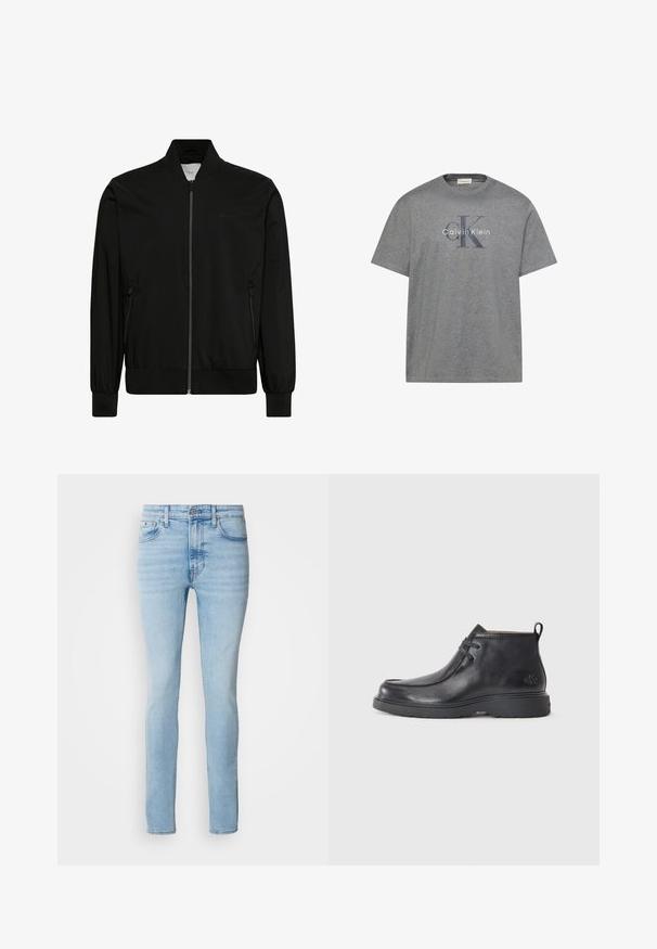 Schwarze Bomberjacke mit Frontreißverschluss, geripptem Kragen, Bündchen und Saum sowie seitlichen Reißverschlusstaschen.; Graues T-Shirt mit kurzen Ärmeln und Calvin Klein-Logo mit großen überlappenden "cK" Buchstaben und "Calvin Klein" Text in der vorderen Mitte.; Calvin Klein Jeans Jeans Skinny Fit - arrow stone; Schwarze Leder-Stiefel bis zur Knöchel mit runder Zehenform, Schnürdesign und einer Ziehlasche auf der Rückseite. Strukturiertes Obermaterial und Gummisohle.