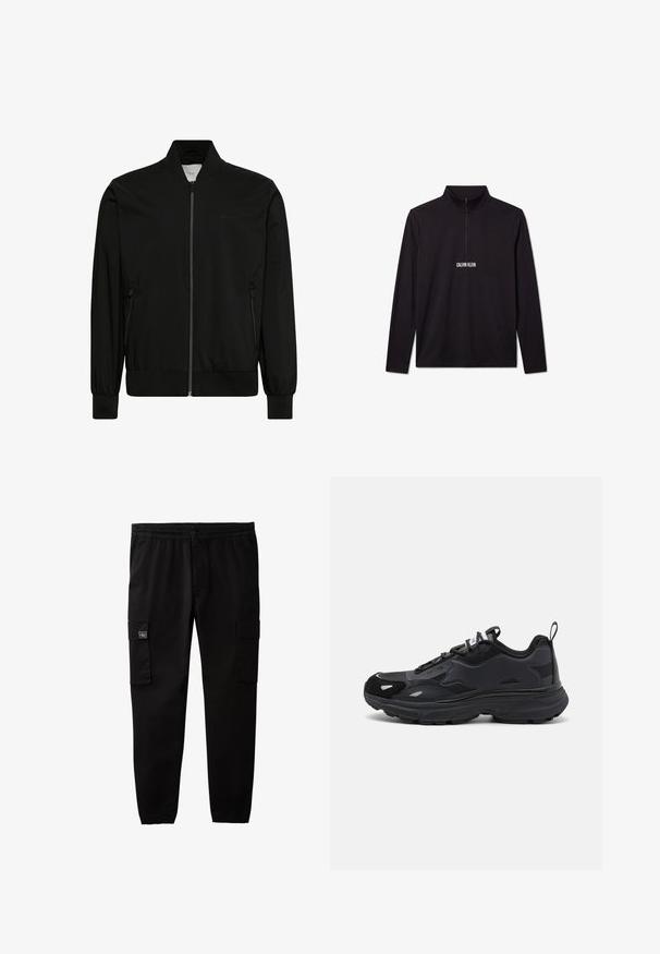 Sort bomberjakke med frontlynlås, ribbet krave, manchetter og kant samt lynlåslommer i siderne.; Sort Calvin Klein pullover med lange ærmer, kvart lynlås og hvidt logo trykt på brystet.; Sorte cargobukser med elastisk talje og manchetter, knap- og lynlås-lukning samt klaplommer på hvert lår.; Sort løbesko med en tekstureret overdel, glatte syntetiske detaljer, tyk sål og reflekterende elementer. Har et snørebåndsdesign og en pull tab.