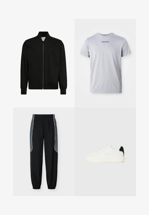 Sort bomberjakke med frontlynlås, ribbet krave, manchetter og kant samt lynlåslommer i siderne.; Lys grå kortærmet t-shirt lavet af tekstureret stof, med et blåt "Calvin Klein" logo tværs over brystet. Rund halsudskæring, normal pasform.; Sorte træningsbukser med mørkegrå sidelommer og hvid piping, elastisk talje og benafslutninger, vist mod en hvid baggrund.; Hvide lædersneakers med en sort accent på hælen, rund tå, flade snørebånd og en tyk hvid sål. Calvin Klein-logoet vises.