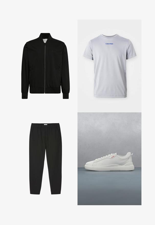 Sort bomberjakke med frontlynlås, ribbet krave, manchetter og kant samt lynlåslommer i siderne.; Lys grå kortærmet t-shirt lavet af tekstureret stof, med et blåt "Calvin Klein" logo tværs over brystet. Rund halsudskæring, normal pasform.; Sorte bukser med elastisk talje, lige ben og sidelommer, designet til afslappet eller professionel brug.; Hvide sneakers med en glat læderfinish, rund tå, fire snørehuller, subtile perforeringer og en rød logo detalje på siden.