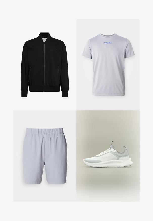 Sort bomberjakke med frontlynlås, ribbet krave, manchetter og kant samt lynlåslommer i siderne.; Lys grå kortærmet t-shirt lavet af tekstureret stof, med et blåt "Calvin Klein" logo tværs over brystet. Rund halsudskæring, normal pasform.; Lysegrå badebukser med elastisk talje, to sidelommer og et glat, letvægtsstof. Ingen synlige mønstre eller udsmykninger.; Hvid og lysegrå lav-ankel Calvin Klein sneaker med snørebånd, trækflige på tunge og hæl, og en tyk struktureret sål.