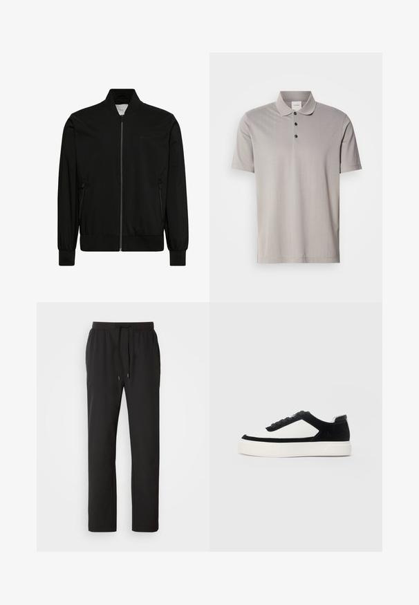 Sort bomberjakke med frontlynlås, ribbet krave, manchetter og kant samt lynlåslommer i siderne.; Grå kortærmet polo shirt lavet af glat stof, med en klassisk krave og tre sorte knapper. Subtil lodret ribbet mønster gennem hele skjorten.; Sorte joggerbukser lavet af letvægtsstof, med elastisk talje med justerbare snore og sidelommer. Glat tekstur.; Lave sneakers med sort ruskind og hvide læderpaneler, sorte snørebånd og tyk hvid gummisål, vist fra ydersiden.