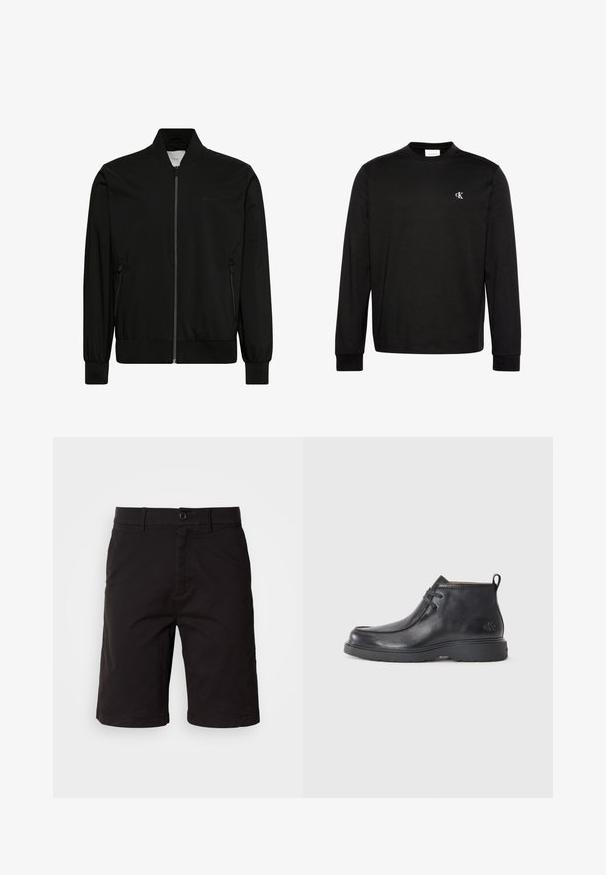 Blouson bomber noir avec fermeture éclair sur le devant, col côtelé, poignets et ourlet, et poches latérales zippées.; T-shirt noir à manches longues col rond avec petit logo blanc "cK" sur la poitrine gauche et poignets côtelés.; Shorts noirs en tissu léger, dotés d'un bouton à l'avant, de passants de ceinture, de poches latérales et d'une coupe droite avec des ourlets retournés.; Bottes noires en cuir à talon arrondi, avec un design à lacets et une languette à l'arrière. Tige texturée et semelle en caoutchouc.