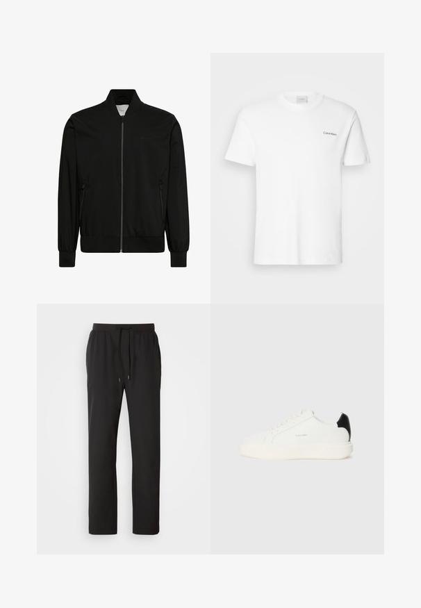 Sort bomberjakke med frontlynlås, ribbet krave, manchetter og kant samt lynlåslommer i siderne.; Hvid bomulds T-shirt med korte ærmer og rund halsudskæring. Har et lille sort "Calvin Klein" logo på venstre bryst.; Sorte joggerbukser lavet af letvægtsstof, med elastisk talje med justerbare snore og sidelommer. Glat tekstur.; Hvide lædersneakers med en sort accent på hælen, rund tå, flade snørebånd og en tyk hvid sål. Calvin Klein-logoet vises.
