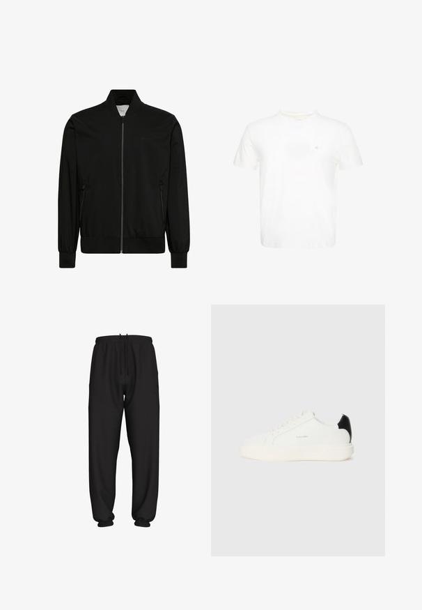 Blouson bomber noir avec fermeture éclair sur le devant, col côtelé, poignets et ourlet, et poches latérales zippées.; T-shirt blanc à manches courtes et col rond avec un petit logo "ck" brodé sur la poitrine gauche.; Pantalon de jogging noir coupe ample avec taille et poignets élastiques, doté d'un cordon de serrage réglable à la taille.; Baskets en cuir blanc avec un accent noir à l'arrière, présentant un bout rond, des lacets plats et une épaisse semelle blanche. Logo Calvin Klein affiché.