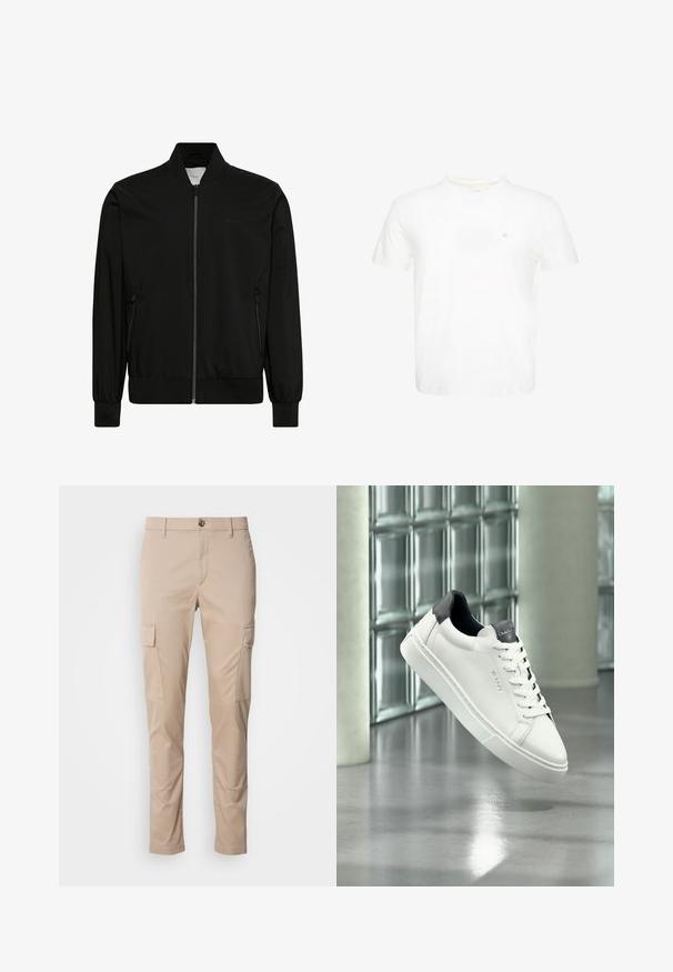 Blouson bomber noir avec fermeture éclair sur le devant, col côtelé, poignets et ourlet, et poches latérales zippées.; T-shirt blanc à manches courtes et col rond avec un petit logo "ck" brodé sur la poitrine gauche.; Pantalons cargo beiges avec deux poches latérales, coupe ajustée, fabriqués en tissu léger, dotés d'une fermeture à bouton sur le devant et de passants de ceinture.; Baskets en cuir blanc avec talon et languette noirs, design à lacets, marque GANT sur le côté et la languette, présentées dans un cadre intérieur moderne.