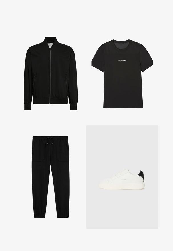Chaqueta bomber negra con cremallera frontal, cuello, puños y bajo acanalados, y bolsillos laterales con cremallera.; Camiseta negra de manga corta Calvin Klein con tejido de malla en los hombros y la parte superior del pecho, con el nombre de la marca impreso en blanco en el centro del pecho.; Pantalones jogger negros con cintura elástica, cordón ajustable, bolsillos frontales de parche y puños elásticos sobre un fondo blanco.; Zapatilla de cuero blanca con un acento negro en el talón, presenta puntera redonda, cordones planos y una suela gruesa blanca. Logo de Calvin Klein visible.