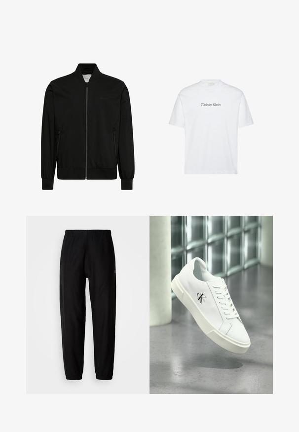 Chaqueta bomber negra con cremallera frontal, cuello, puños y bajo acanalados, y bolsillos laterales con cremallera.; Camiseta blanca de algodón con mangas cortas. Presenta un cuello redondo y un logo impreso de "Calvin Klein" en gris en el pecho.; Pantalones de chándal negros con cintura elástica, piernas ajustadas y dobladillos. Textura de tela suave. Detalle del logo en un lado.; Zapatilla blanca Calvin Klein con cordones, mostrada flotando sobre un suelo de cemento pulido y un fondo de pared de bloques de vidrio.