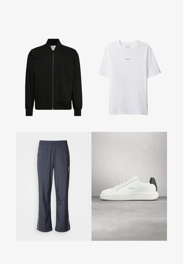 Sort bomberjakke med frontlynlås, ribbet krave, manchetter og kant samt lynlåslommer i siderne.; Hvid bomuld t-shirt med rund hals og korte ærmer. Har en lille sort "Calvin Klein"-logo centreret på brystet.; Mørkeblå letvægts løbebukser med elastisk talje, sidelommer og hvide accentstriber på siderne. Glat tekstur.; Hvide sneakers med en glat læderoverdel, flade snørebånd og en forhøjet hvid sål. Har en sort detalje ved hælen og et præget logo.