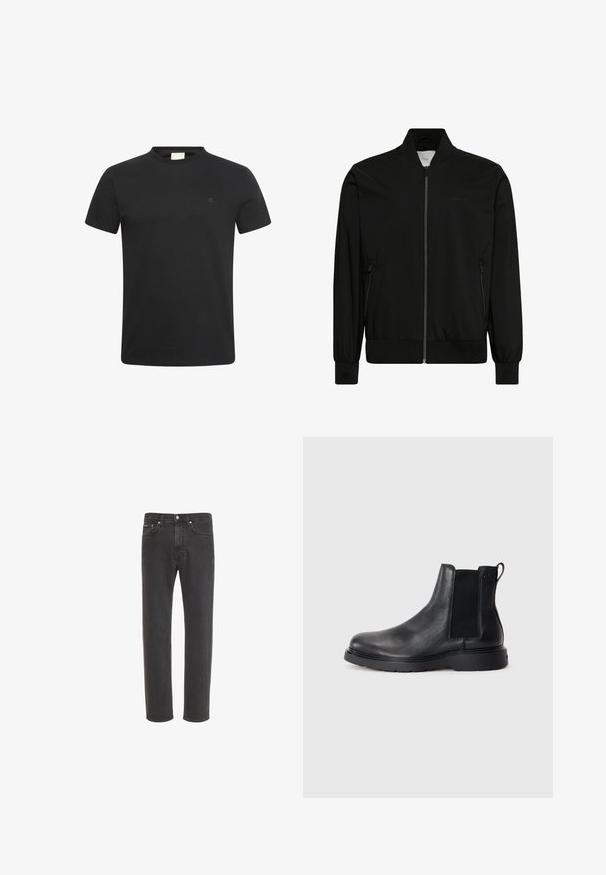 Blouson bomber noir avec fermeture éclair sur le devant, col côtelé, poignets et ourlet, et poches latérales zippées.; T-shirt noir à manches courtes avec col rond et petit logo "cK" subtil sur la poitrine gauche.; Jean en denim noir à coupe droite avec fermeture avant par bouton et zip, poches avant et arrière, présenté sur fond blanc.; Bottes Chelsea en cuir noir avec une finition texturée, des panneaux latéraux élastiques et une semelle en caoutchouc robuste. Branding subtil sur le talon.
