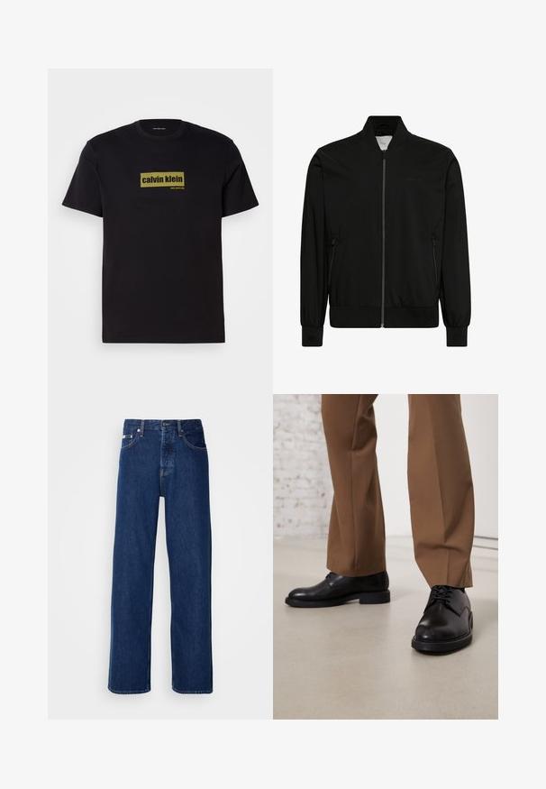 Chaqueta bomber negra con cremallera frontal, cuello, puños y bajo acanalados, y bolsillos laterales con cremallera.; Camiseta de algodón negra con mangas cortas, que presenta un logo rectangular verde con el texto "calvin klein" y "new york city" en letras negritas.; Vaqueros de mezclilla azul oscuro con un diseño de pierna ancha, que presentan un cierre de botón y el clásico estilo de cinco bolsillos. La tela tiene una textura suave.; Zapatos de cuero negro con superficie lisa y puntera redonda, que presentan cierre con cordones y una suela baja y plana. Combinados con pantalones marrones.