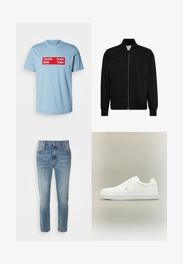Chaqueta bomber negra con cremallera frontal, cuello, puños y bajo acanalados, y bolsillos laterales con cremallera.; Calvin Klein Jeans BOX GRAPHIC TEE - Camiseta estampada - smoke blue; Vaqueros de mezclilla azul claro con corte recto, cinco bolsillos y un ligero desgaste. Cuentan con un cierre de botón y cremallera, así como una cinturilla clásica.; Zapatilla deportiva blanca de caña baja con cordones, laterales de tela texturizada y sutil logo "ck" en el lado exterior, colocada sobre un fondo neutro liso.