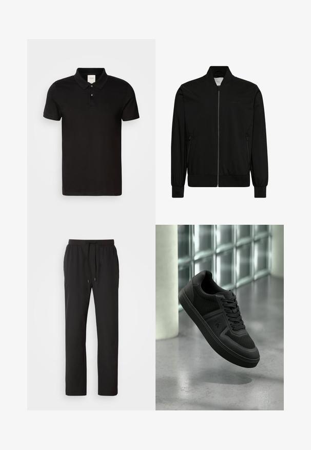 Chaqueta bomber negra con cremallera frontal, cuello, puños y bajo acanalados, y bolsillos laterales con cremallera.; Camisa polo negra hecha de una tela suave con un cuello clásico. Presenta dos botones en el cuello, mangas cortas y un logotipo sutil en el pecho.; Pantalones de chándal negros hechos de tela ligera, con una cintura elástica y cordones ajustables, además de bolsillos laterales. Textura suave.; Zapatilla negra baja con paneles texturizados, cordones y logo "ck" en el lateral, flotando sobre un suelo de hormigón pulido cerca de bloques de vidrio.