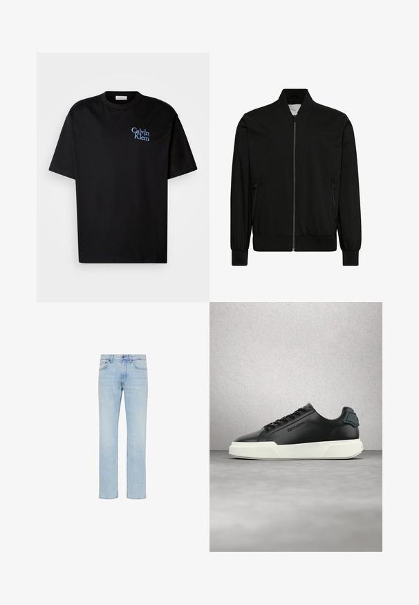 Schwarze Bomberjacke mit Frontreißverschluss, geripptem Kragen, Bündchen und Saum sowie seitlichen Reißverschlusstaschen.; Schwarzes Baumwoll-T-Shirt mit entspanntem Schnitt, kurzen Ärmeln und einem blauen gestickten "Calvin Klein"-Logo auf der Brust.; Hellblaue Straight-Leg-Jeans aus Denim mit vorderem Knopf, Reißverschluss und Fünf-Taschen-Design, gezeigt auf weißem Hintergrund.; Schwarzer Ledersneaker mit weißer Sohle, schwarzen Schnürsenkeln und eingeprägtem Markenlogo, schwebend über einem grauen Boden vor einer Wand aus Glasbausteinen.